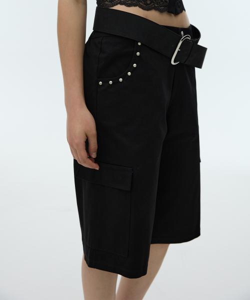 STUD POCKET BERMUDA PANTS - BLACK