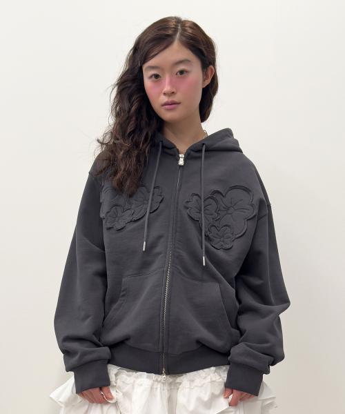 Flower Appliqué Zip Hoodie [Charcoal]