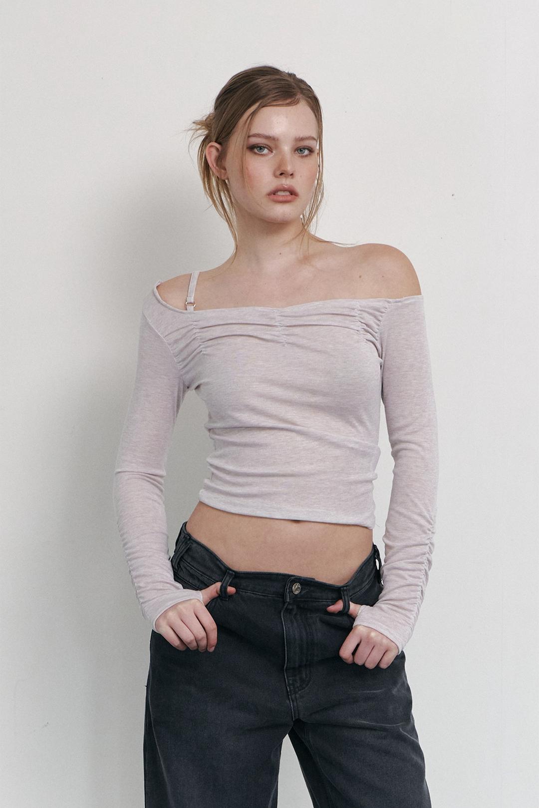 Halo Unbal Shirring Long Sleeve Top (Dusty Pink)