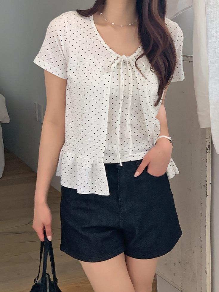 리리앤코 [도트패턴/청순룩] [44-120] 도트밍디 스판 도트 나시 프릴 가디건 세트( 여름/썸머/신상/데일리룩/데이트룩/빅사이즈/120사이즈/러블리/땡땡이/신축성/셋업/소프트/투피스/아방한/리본/반팔/반소매 )