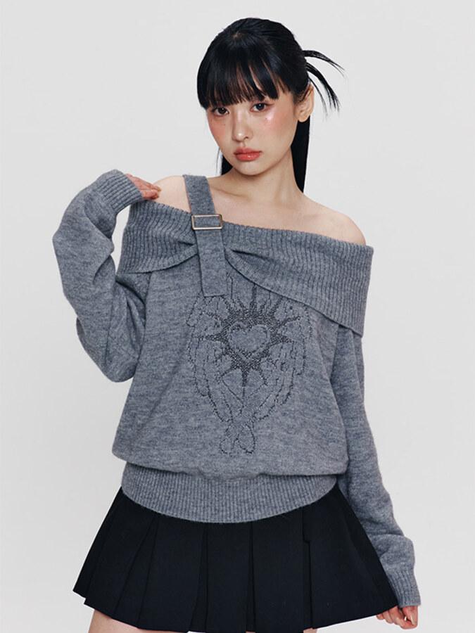 키르시 X 피투 오프숄더 니트 [멜란지 그레이]