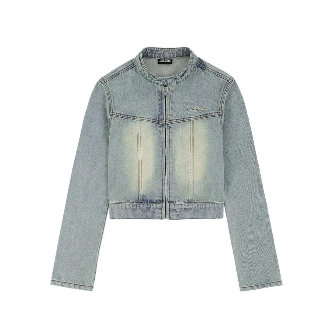 샌드 워싱 바이커 데님 크롭 자켓 - LIGHT BLUE