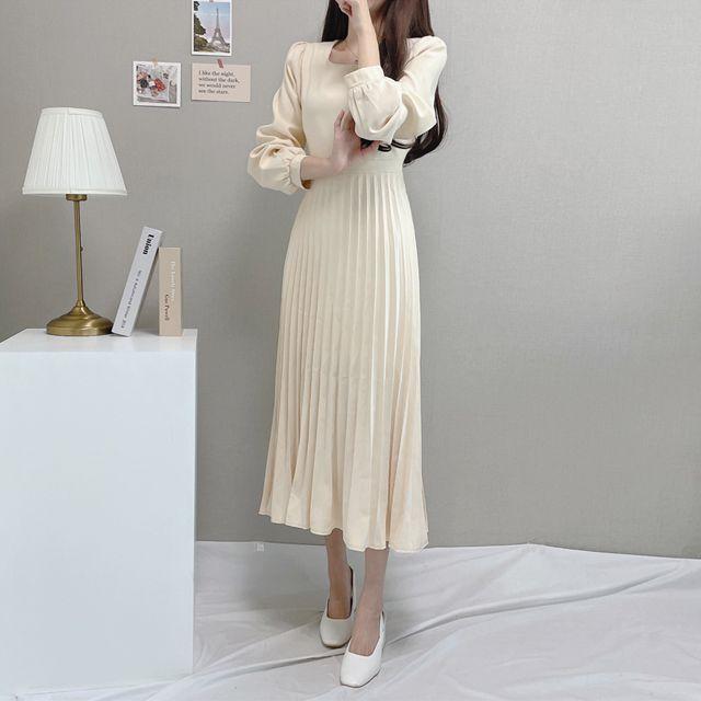 오마주 피치 리본 주름 롱 플리츠 원피스_수니