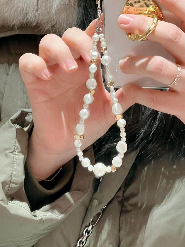 골드 윈터 펄 비즈 핸드폰 스트랩 키링