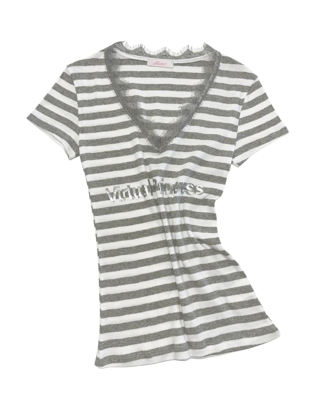 Lace Stripe Short Sleeve T-shirt (Light gray)