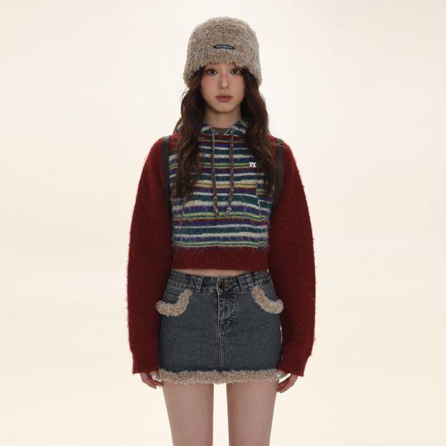 MROMRO 앙고라 패턴믹스 크롭 후드티 (2 컬러)