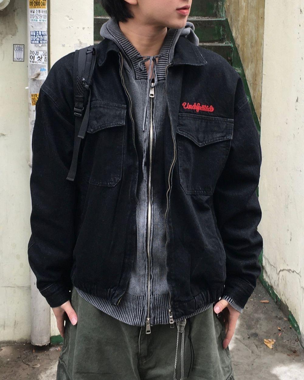 스티치 포드 자수 데님 자켓 Black