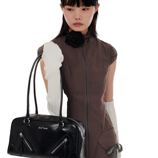 square double zipper shoulder bag - black