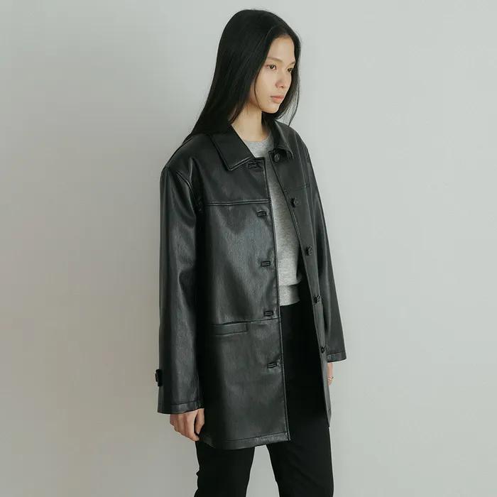 oversized leather half coat-black