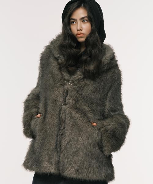 HOODED FUR COAT KHAKI