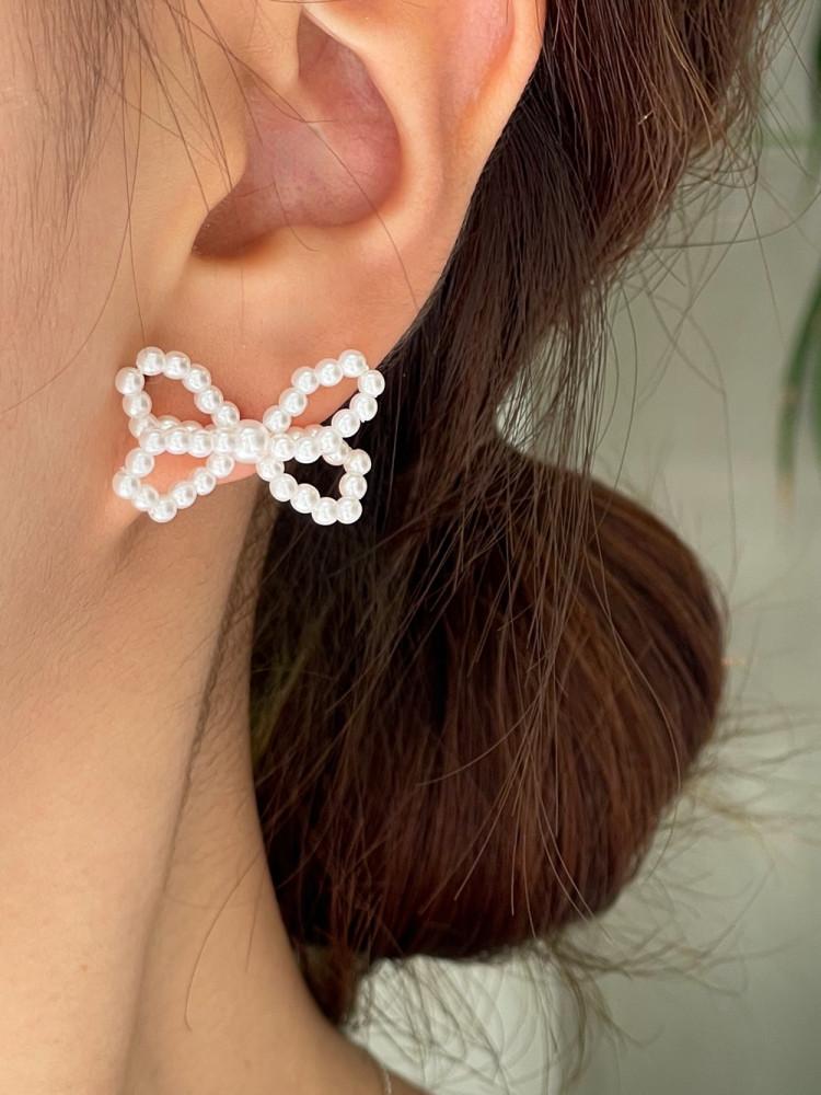 실버925 진주 리본 귀걸이 입체 펄 포인트 귀걸이