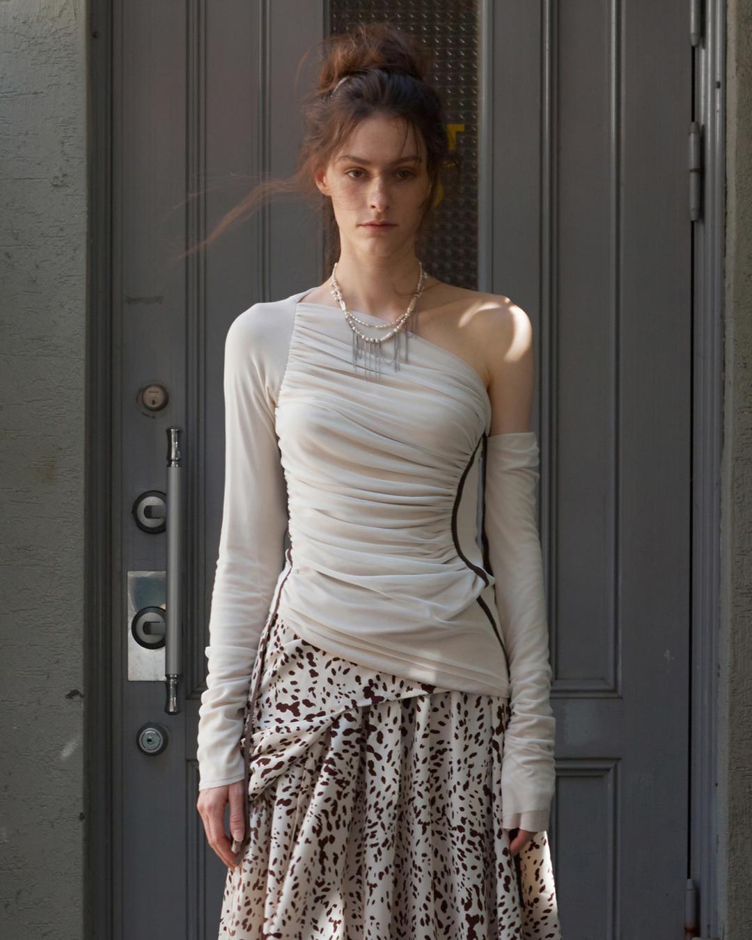 DRAPED JERSEY TOP, BEIGE