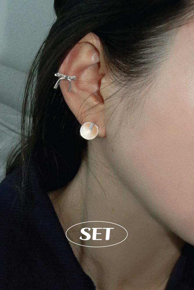 [SET] 925silver 디어 리본 이어커프 귀찌 (1ea) & 퓨어 유리알 귀걸이 세트