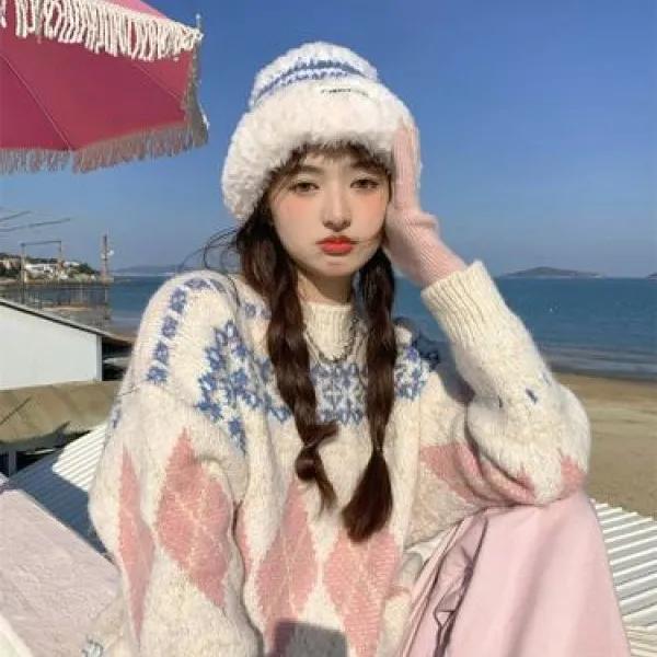 여성 유니크 프렌치시크 눈꽃 노르딕 아가일 나그랑 맨투맨 도톰 니트 스웨터 연베이지