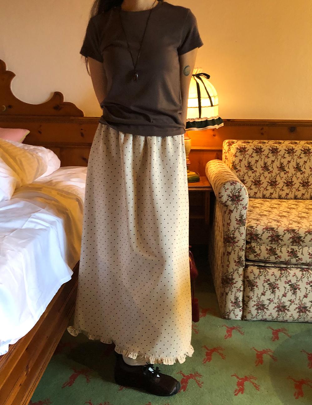 도트 벨벳 프릴 롱스커트