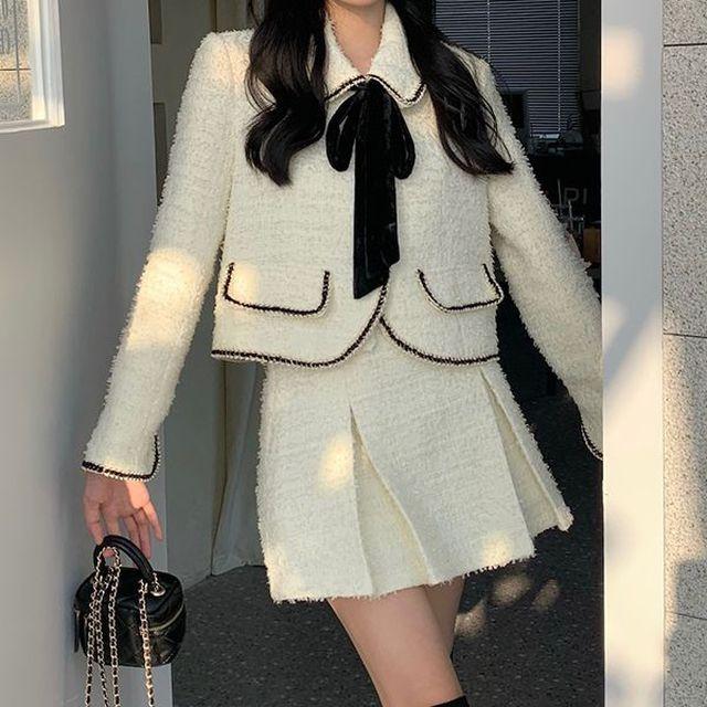 (코디세트)리본 트위드 자켓+플리츠 미니스커트 투피스 세트