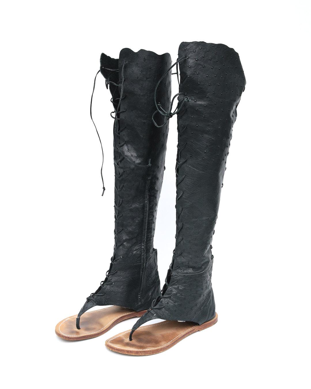 BLACK LEATHER LACE UP GLADIATOR BOOTS - Anemonia