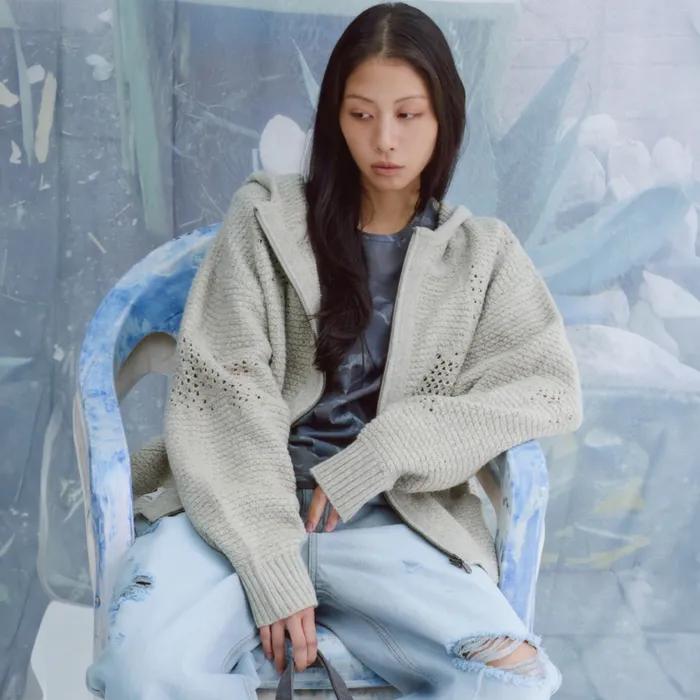 Distressed Knit Zipup Hoodie Grey