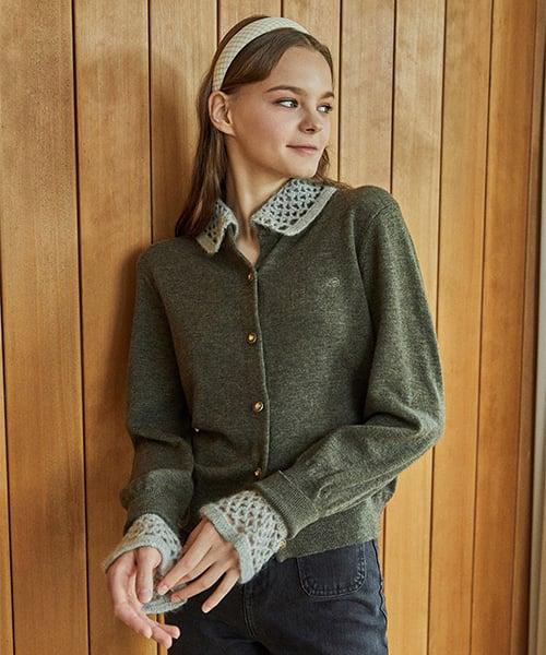 hand crochet neck&sleeve decorative cashmere cardigan_country estate