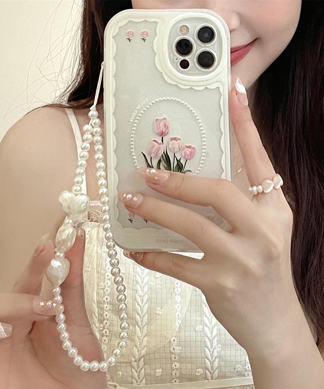 아이폰 레이스 튤립 러브 화이트 투명 실리콘 젤리 플라워 봄 감성 유니크 선물 우정 스트랩 핸드폰 휴대폰 애플 폰 케이스 줄 아이폰케이스 X 11 12 프로 13 14 프로맥스