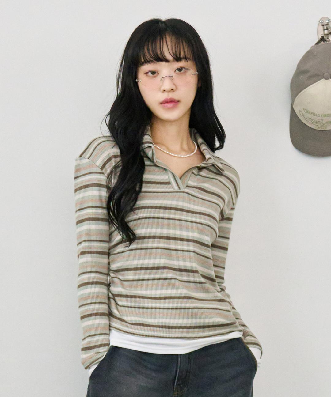 레이어드 스트라이프 카라티 그린