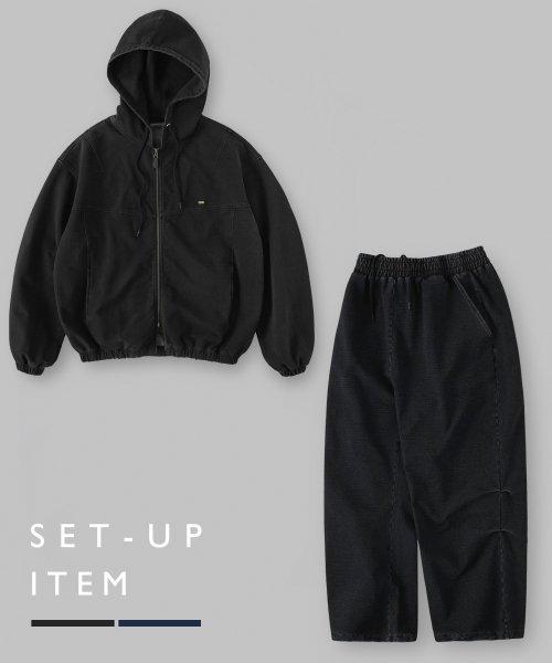 [SET UP]워싱 데님 스웻 후드 집업&팬츠 셋업_Washed Black