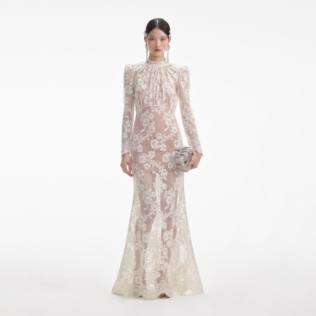 White Rhinestone Lace Maxi Dress - UK 4