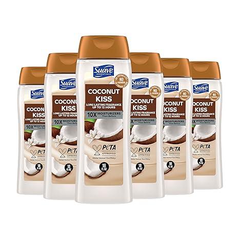 Suave Moisturizing Body Wash Women, Coconut Kiss with Vitamin E and Aloe Extracts, No Parabens, No Phthalates, 18 Oz (Pack of 6)