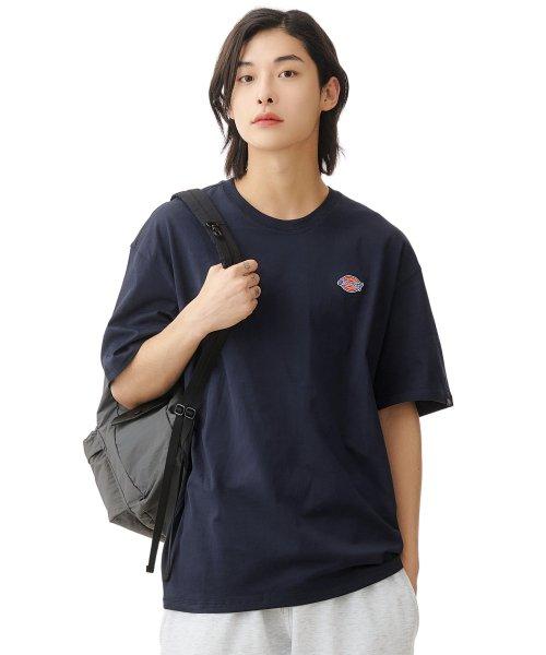 릴렉스드 스몰 자수 로고 숏 슬리브 티셔츠 - 다크 네이비