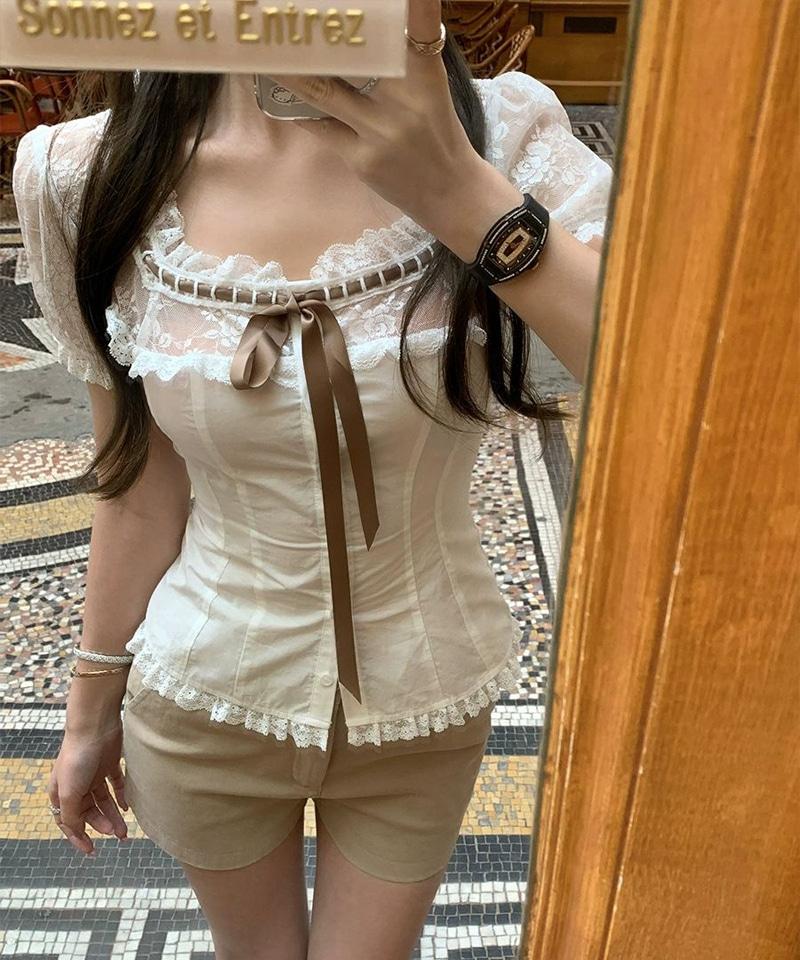 리본 트리밍 레이스 블라우스 - 화이트S,M 빠른배송