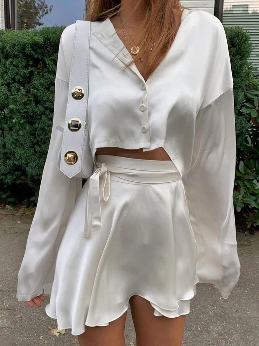 Satin Raw Hem Tied Two Piece Skirt Set - Off-White / XS