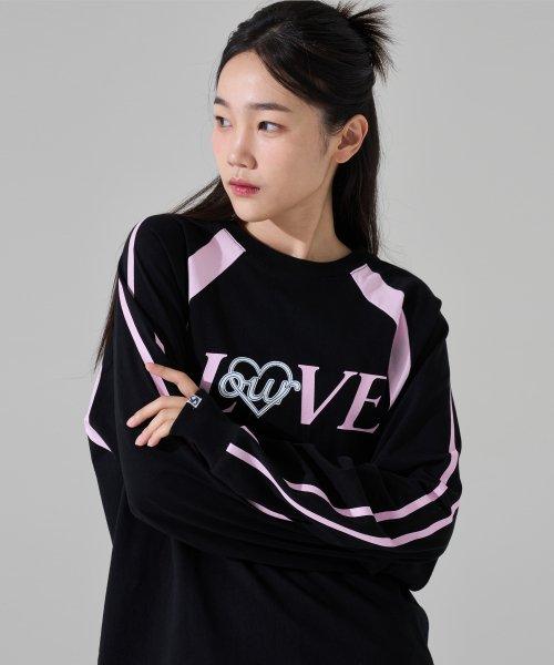 러브 배색 라인 실켓 긴팔 티셔츠 블랙/핑크