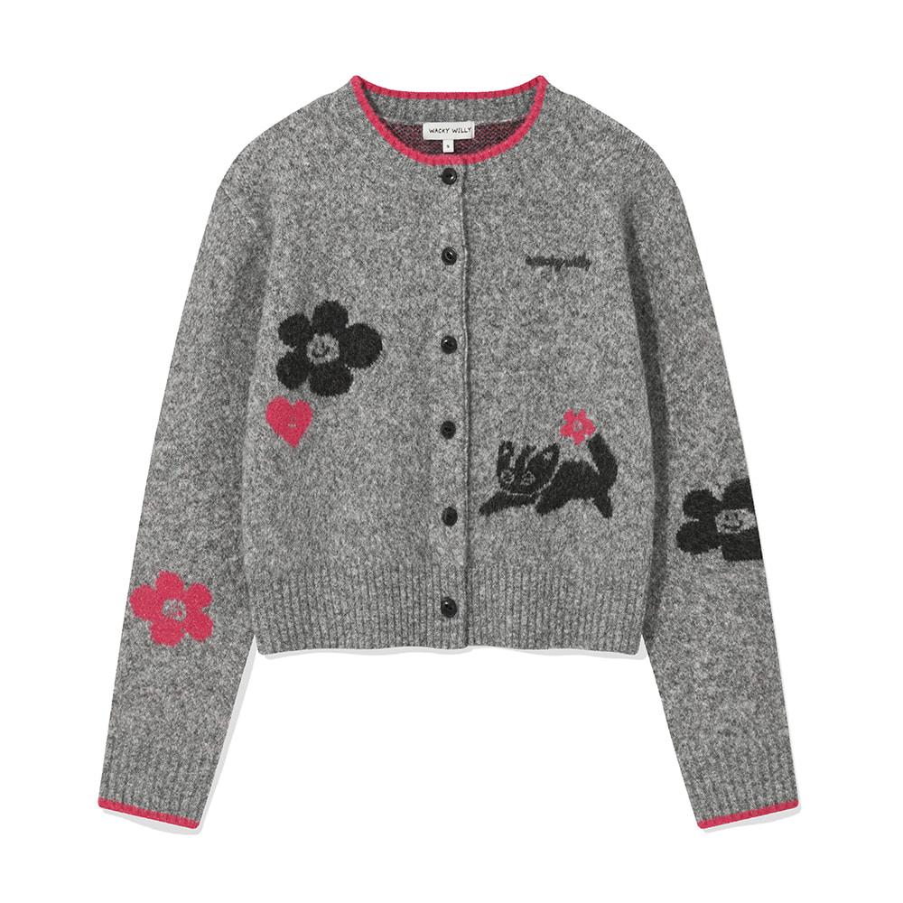 우먼스 패턴 라운드넥 가디건 그레이