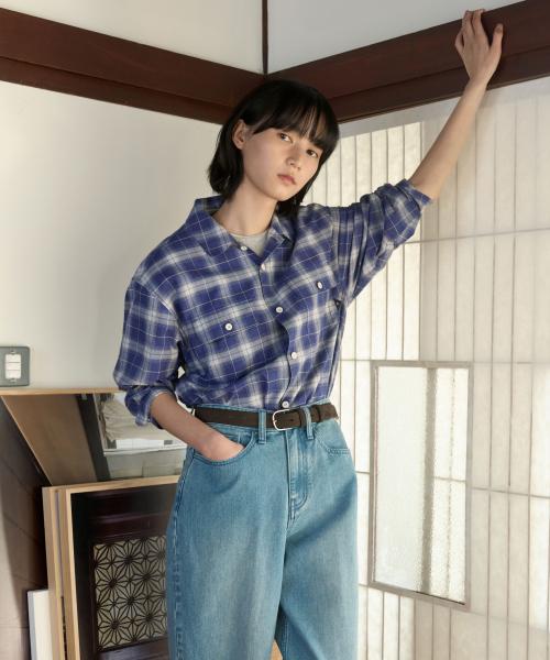 옴브레 체크 셔츠 네이비