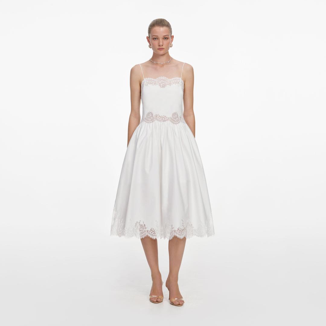 White Cotton Lace Trim Midi Dress - UK 6