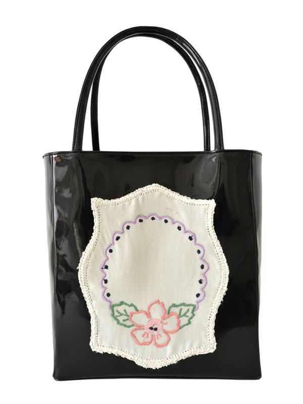 VINTAGE DOILY PINK FLOWER BAG BLACK