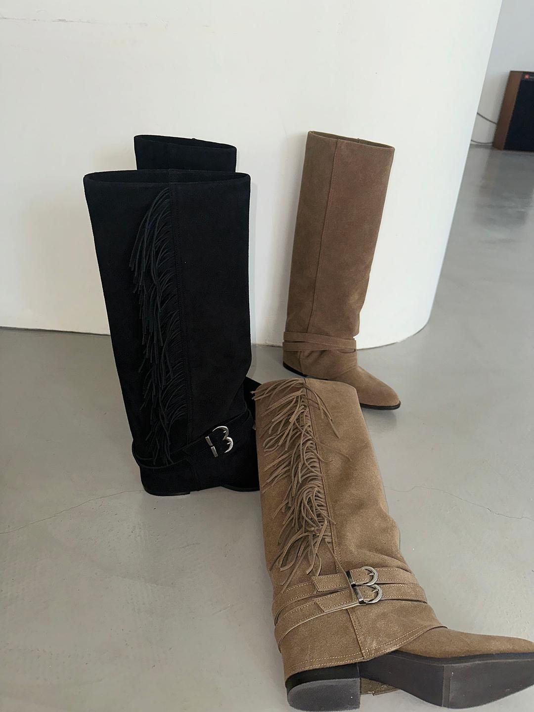 이너뮤트 suede belted fringe boots (2color)
