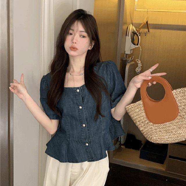이니프 데님 진주버튼 반팔 블라우스 - bl22045