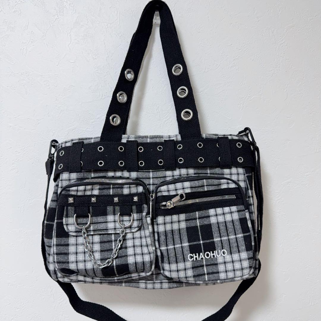 y2k 平成ギャル チェック ショルダー付き 平成女児バッグ ボストンバッグ
