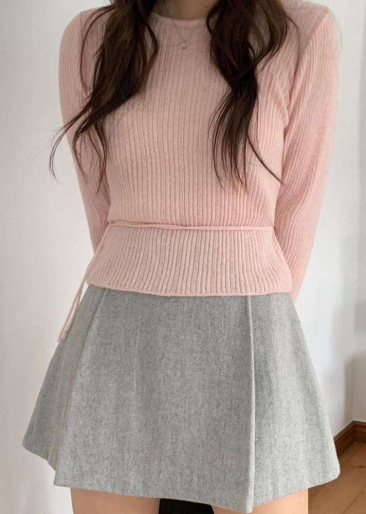 (베이지당일,쿠폰) 미엘 미유 니트 알파카 허리끈 크롭 골지니트 4col