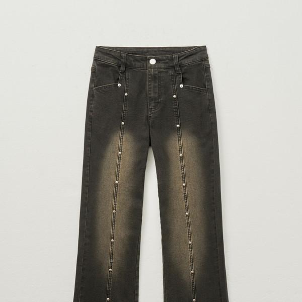 스터드 트리밍 부츠컷 데님 팬츠 [레드 브라운]