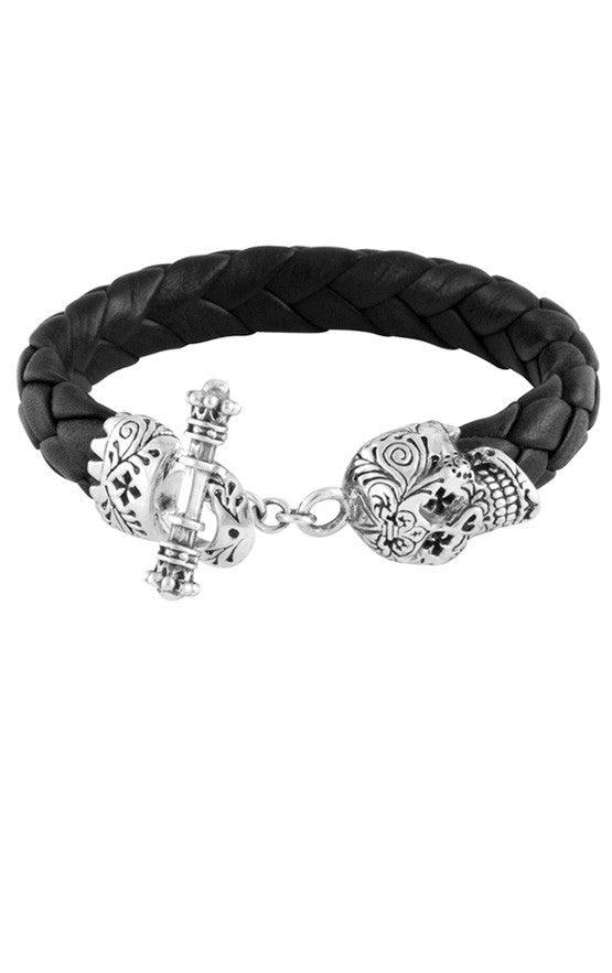 Leather Bracelet w/Small Day of the Dead Skull Clasp