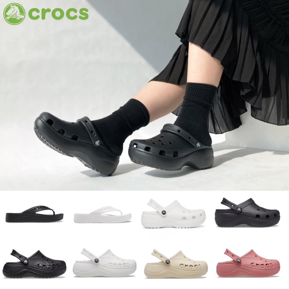 크록스 클래식 플랫폼 클로그 우먼 바야 플립 화이트 본 블랙 굽있는