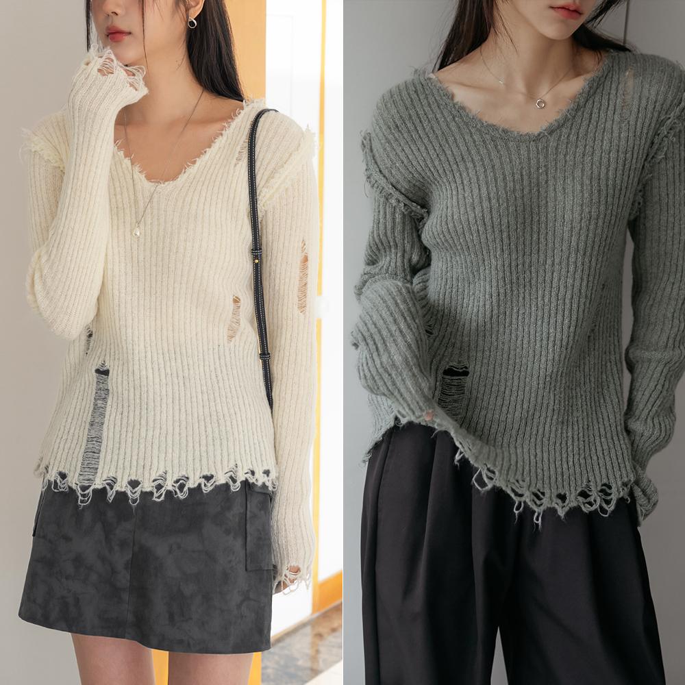 커먼유니크 휴이 울 빈티지 데미지 니트 (가을/간절기/브이넥/V넥/슬림핏/여리핏/잔골지/그레이/아이보리/블랙)