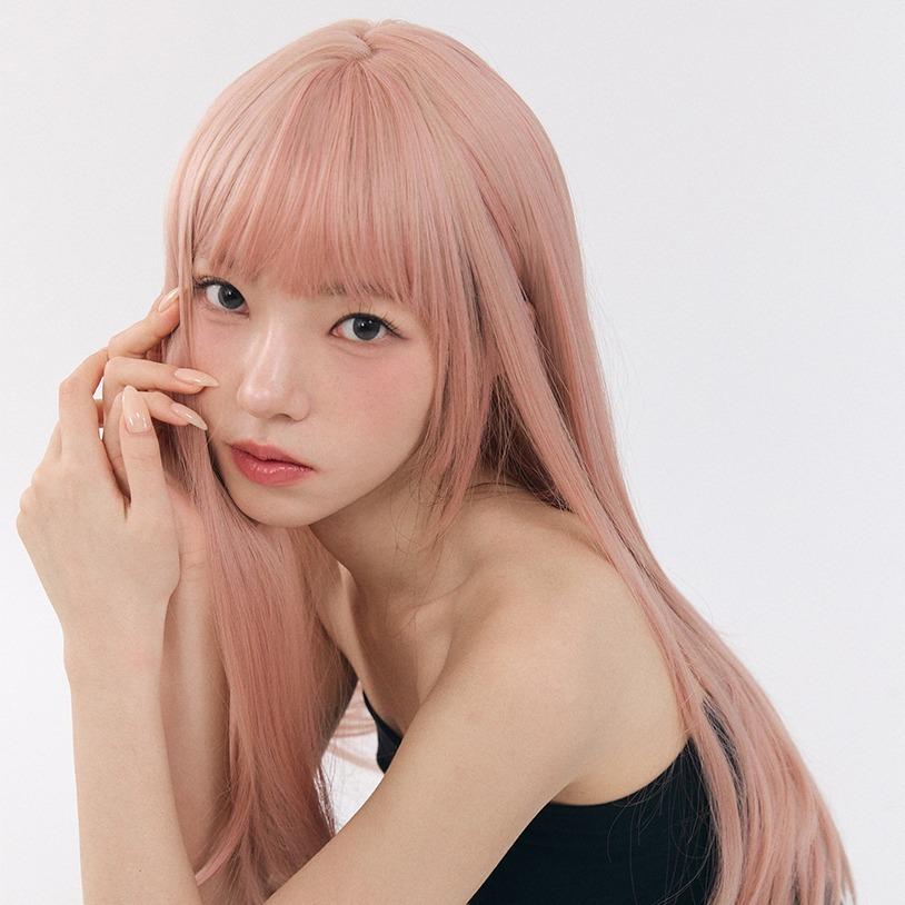 핑크 블론드 긴 생머리 통 가발
