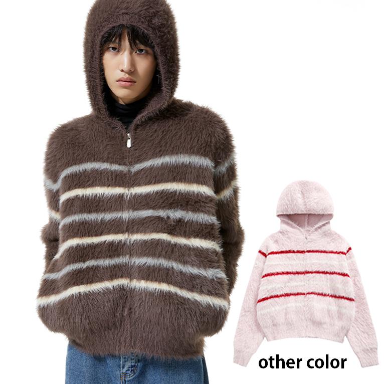 FUNKYFUN 샤기퍼 스트라이프 후드 니트 집업