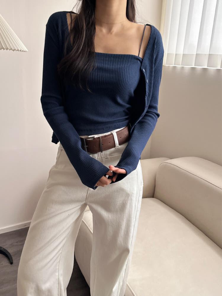 로디 골지 코튼 스판 나시 슬림핏 가디건 투피스 세트