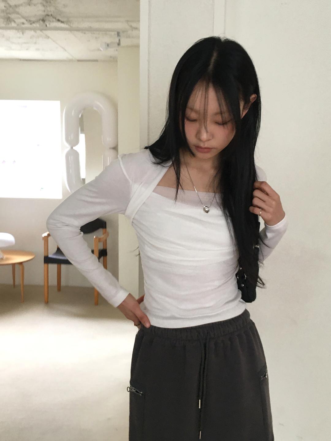 원더원더 비쉬 발레코어 쉬폰 셔링 볼레로 긴팔 티셔츠