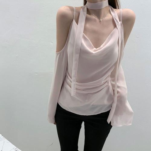 끌로에드 +찰랑실키쉬폰+그라스 드레이프 S라인 섹시 오프숄더 하객룩 스카프 블라우스 3color