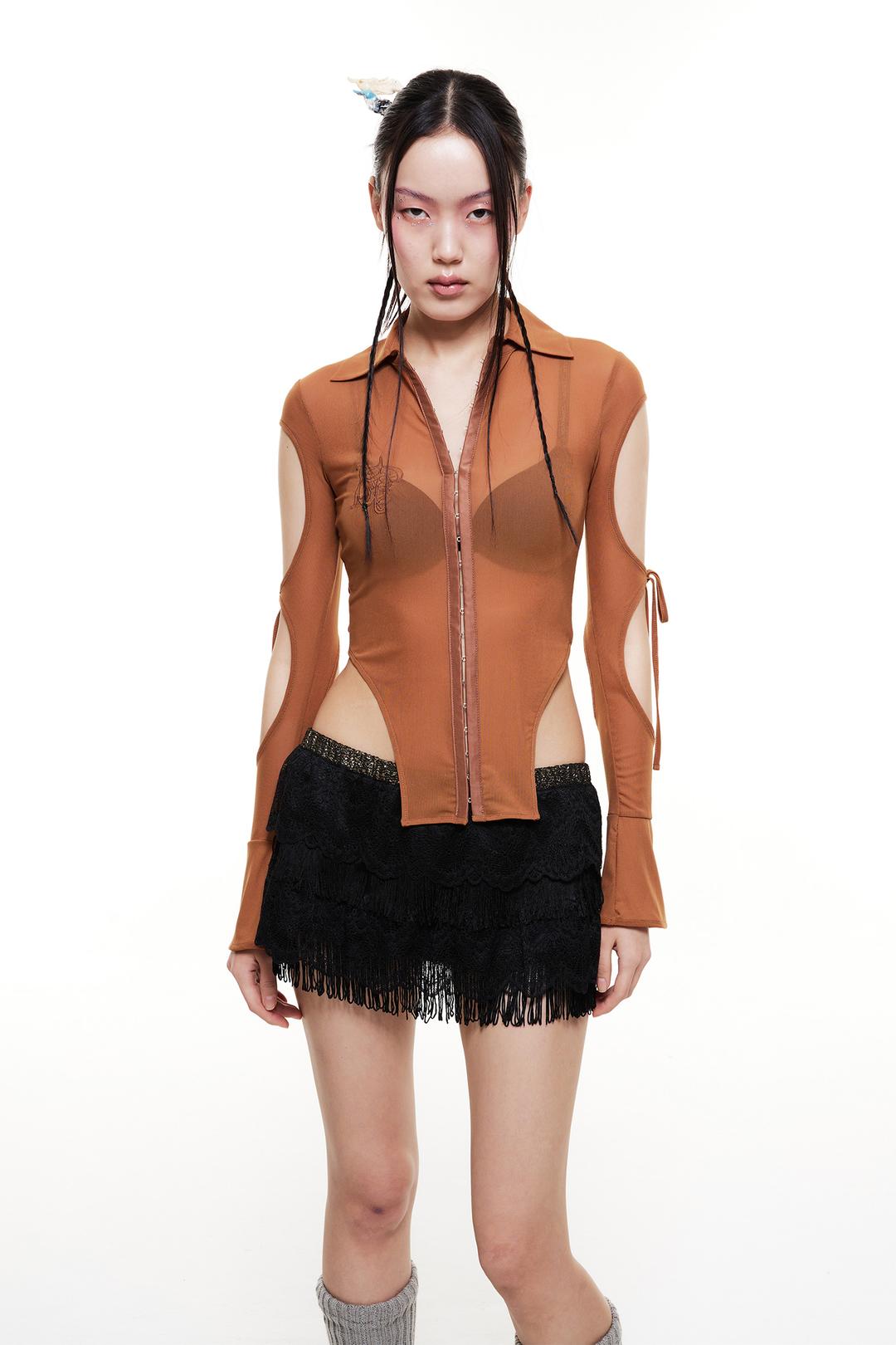 MESH CUT-OUT SHIRT CAMEL
